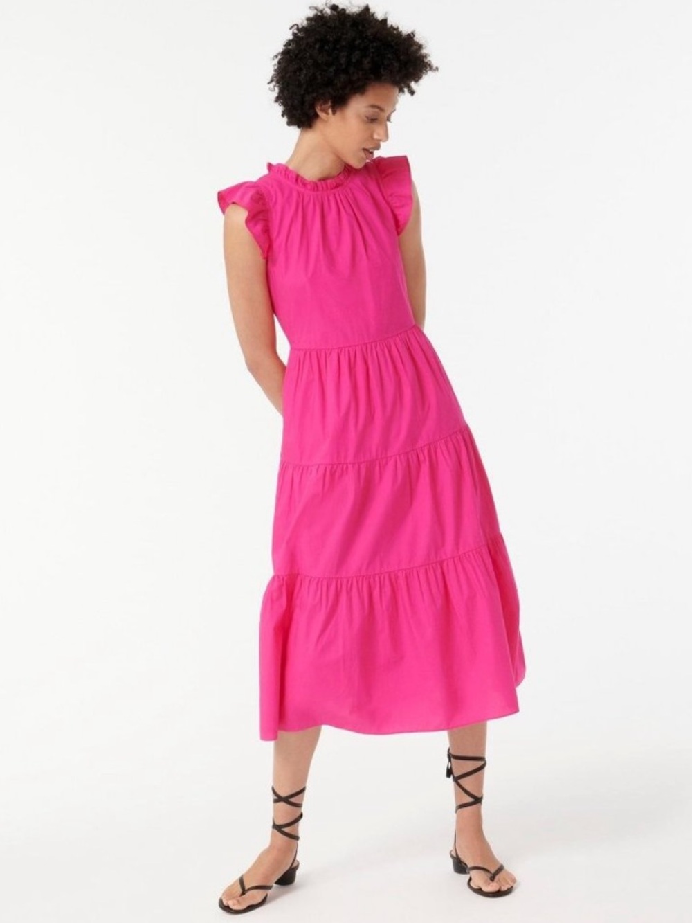J. CREW Tiered ruffle-sleeve cotton poplin midi dress Pockets Hot Pink Sz SP